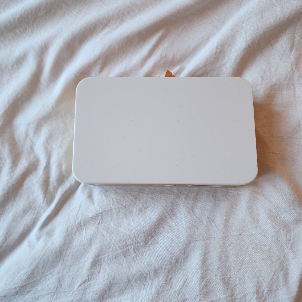 White acrylic and wood hard sided clutch with gold chain strap